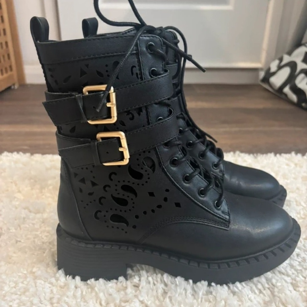 River Island Black Lace-Up Laser-Cut Buckle Heeled Boots